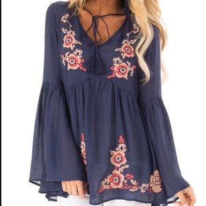 Navy Babydoll with Embroidery and Bell Sleeves